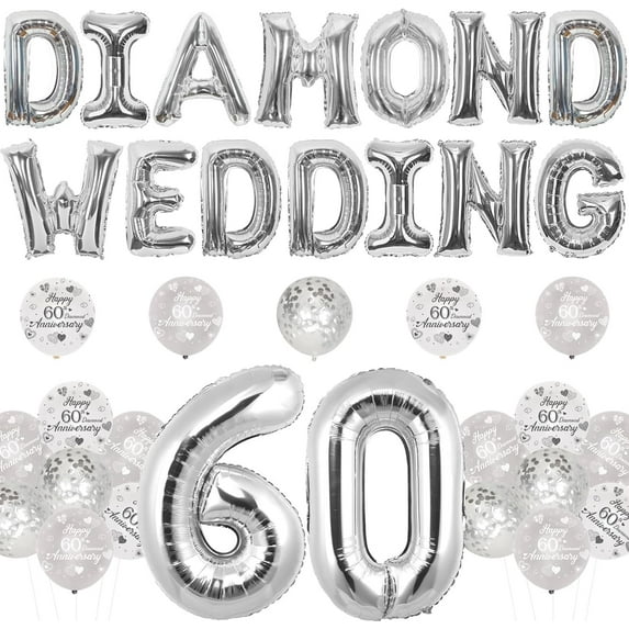60th Diamond Wedding Anniversary Decorations - Diamond Wedding Balloons Banner, 60th Anniversary Printing Balloons, 60 Foil Number Balloons, Happy 60th Diamond Anniversary Decorations