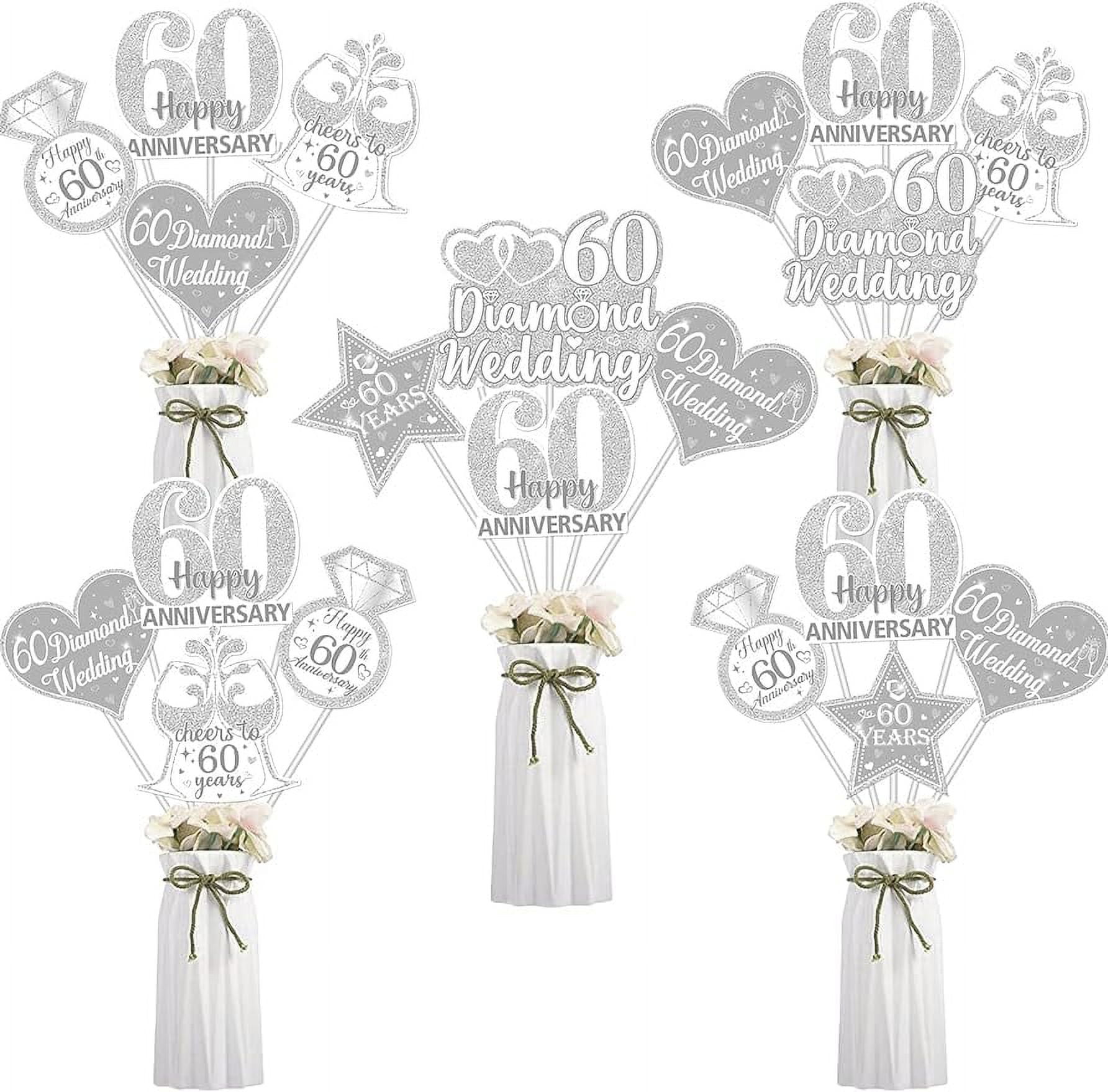 60th Diamond Wedding Anniversary Table Centerpiece, 24pcs 60th Anniversary Decorations Cheers to 60th Happy 60 Anniversary Double-sided Table Centerpiece Silver 60th Wedding Decorations