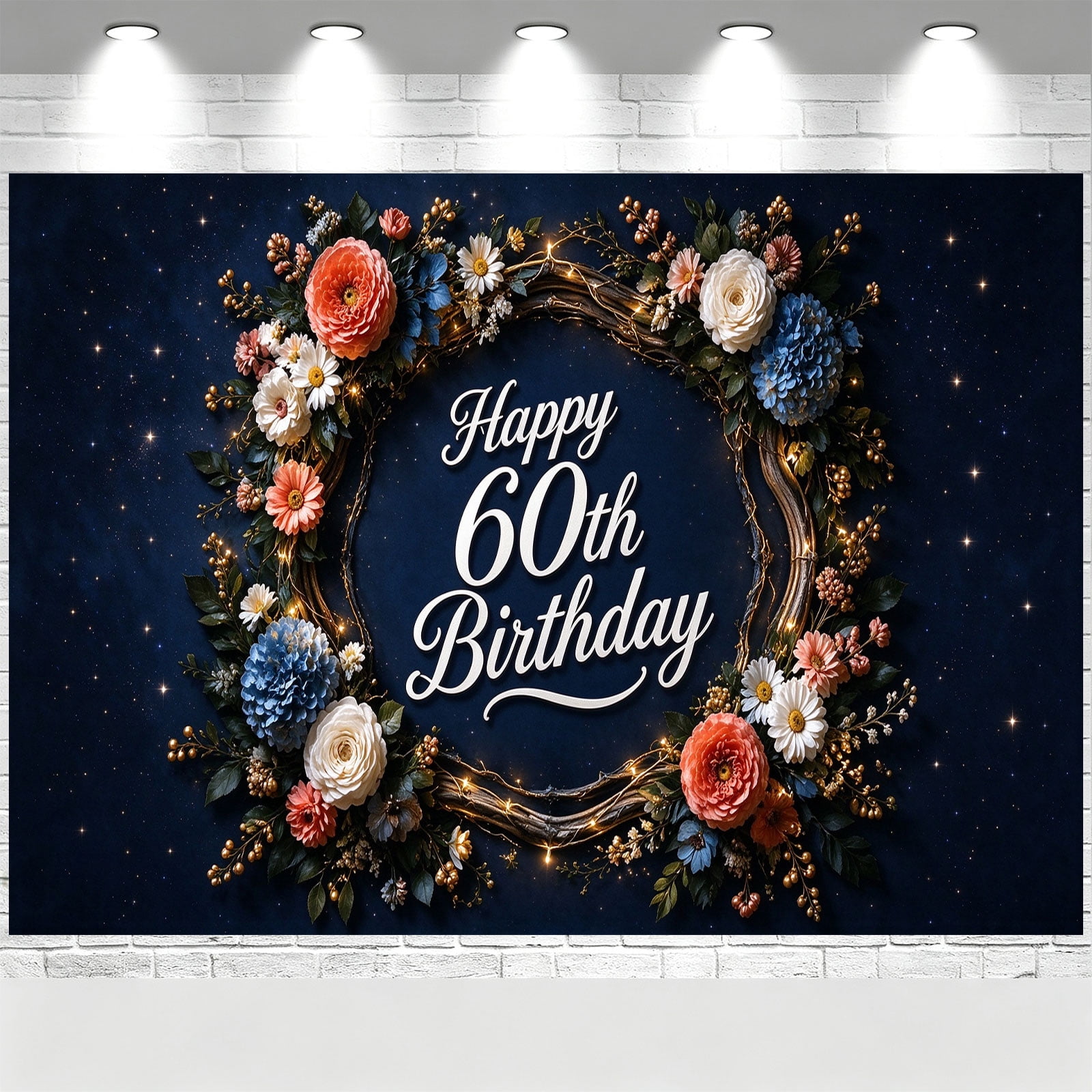 60th Happy Birthday Backdrop Dark Blue Starry Floral Garland Birthday ...