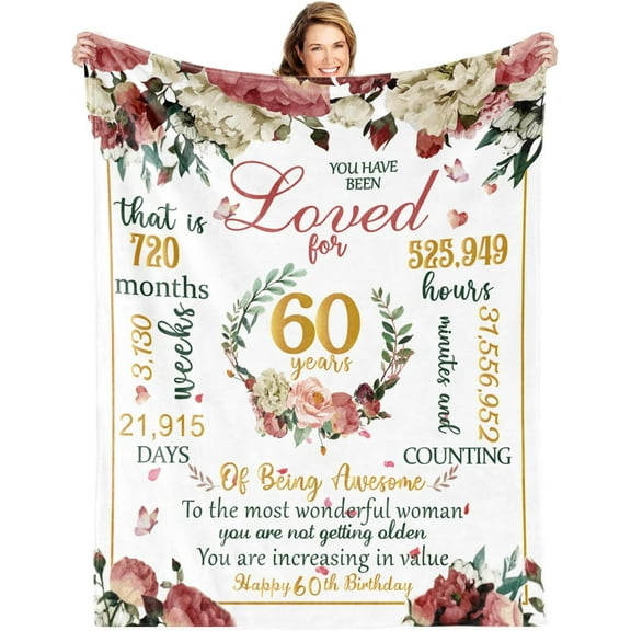 60th Happy Birthday Blanket for Woman-60th Birthday Decorations for Women, 60 Year Old Birthday Gift Ideas for Her, Wife, Daughter, Sister, Friend, Flower Soft Throw Blanket 50" X 60"…
