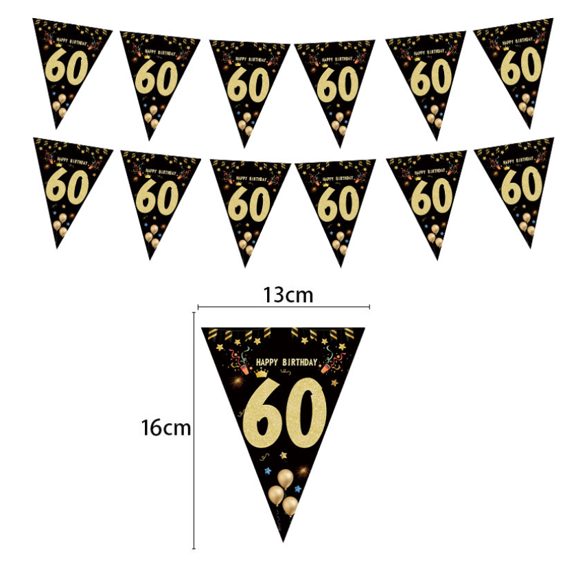 60th Happy Birthday Pennant Banner, Black and Gold Triangle Flag Bunting, 13x16cm Flags, Party Decoration