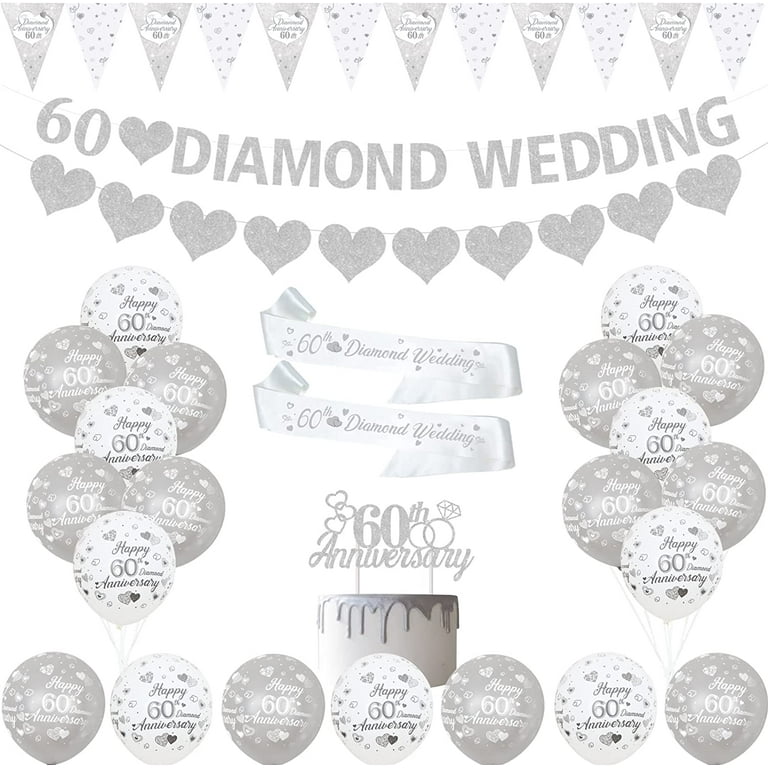 60th Diamond Wedding Anniversary Silver Decorations with Heart