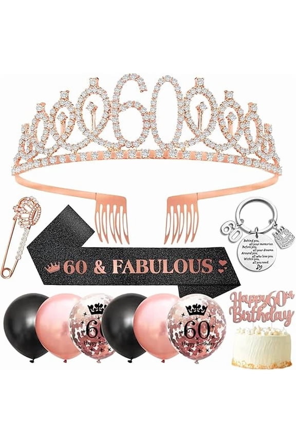 60th birthday sash and tiara 60th birthday decorations, 60th sash, 60th tiara rhinestone crown, 60th birthday balloons, cake topper, crown pin, keychain for women 60 party gifts