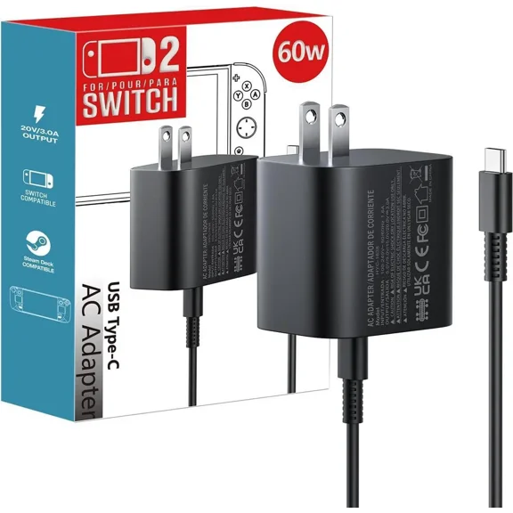 60w Charger for Nintendo Switch 2 Charger Power AC Adapter Fast Charging with 5FT USB C Cord Cable Compatible with Lite, OLED, Steam Deck - Support TV Mode