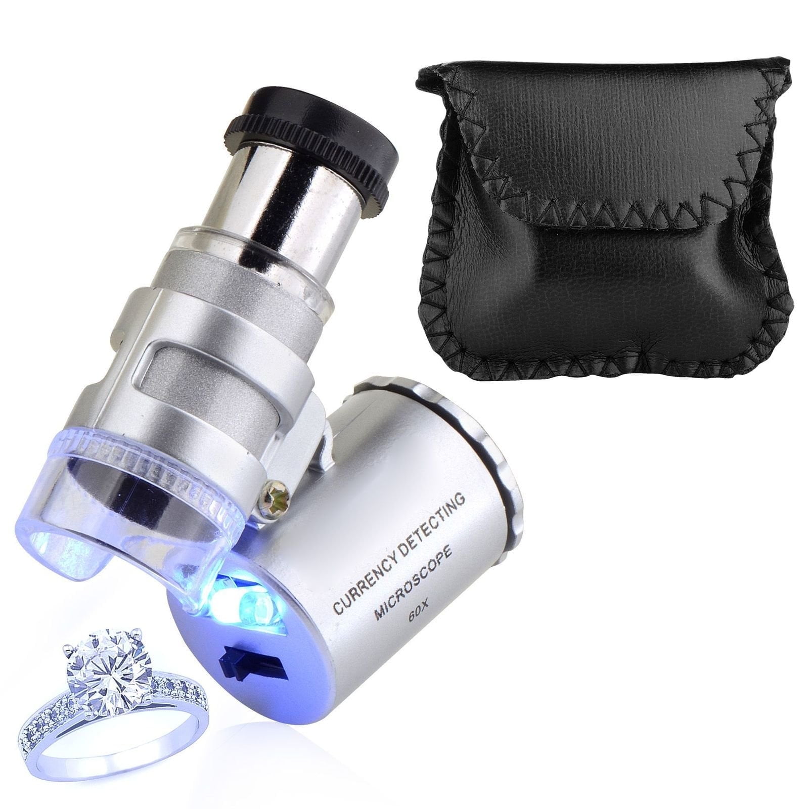 60x Magnifying Magnifier Glass Jeweler Eye Jewelry Loupe Loop LED Light Pocket Professional Microscope (with Leather case)