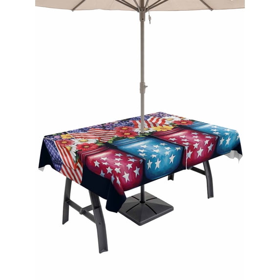 60x102 Inch Outdoor Tablecloth with Umbrella Hole Zipper Rectangle 4th of July Rectangular Tablecloths Outside Waterproof American Flag Independence Day Floral Black Patio Table Cover for Picnic