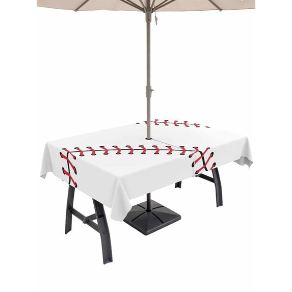 60x102 Inch Outdoor Tablecloth with Umbrella Hole Zipper Rectangle Baseball Rectangular Tablecloths Outside Waterproof Modern Minimalist Red Lines Patio Table Cloth Cover for Picnic Party