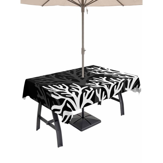 60x102 Inch Outdoor Tablecloth with Umbrella Hole Zipper Rectangle Black Coral Coastal Rectangular Tablecloths Outside Waterproof Seaside Nautical Summer Ocean Sea Patio Table Cloth Cover for Picnic