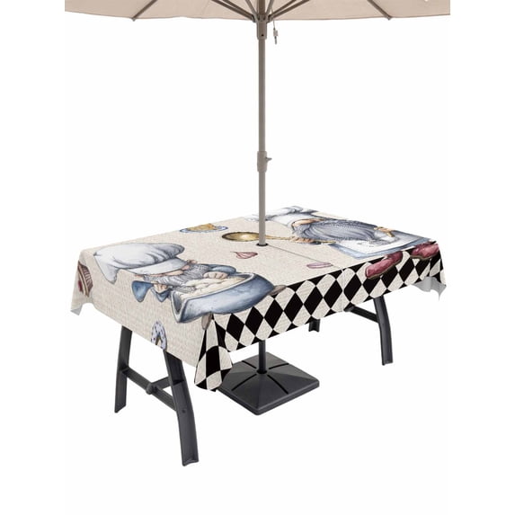 60x102 Inch Outdoor Tablecloth with Umbrella Hole Zipper Rectangle Black White Vintage Gnomes Rectangular Tablecloths Outside Waterproof Checkered Retro Art Rustic Patio Table Cover for Picnic Party