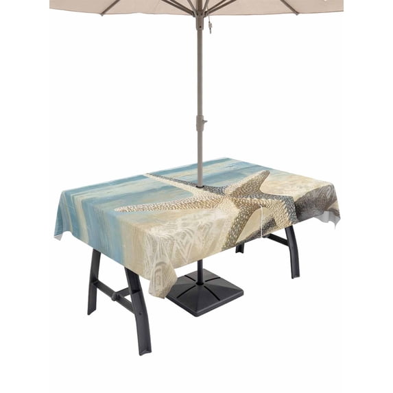 60x102 Inch Outdoor Tablecloth with Umbrella Hole Zipper Rectangle Blue Beige Coastal Beach Rectangular Tablecloths Outside Waterproof Summer Ocean Wave Starfish Patio Table Cover for Picnic Party