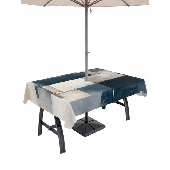 60x102 Inch Outdoor Tablecloth with Umbrella Hole Zipper Rectangle Blue Beige Geometric Rectangular Tablecloths Outside Waterproof Modern Abstract Geometric Art Patio Table Cover for Picnic Party