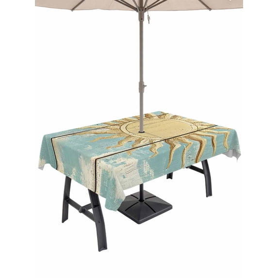 60x102 Inch Outdoor Tablecloth with Umbrella Hole Zipper Rectangle Blue Golden Sun Rectangular Tablecloths Outside Waterproof Vintage Abstract Art Wooden Patio Table Cloth Cover for Picnic Party