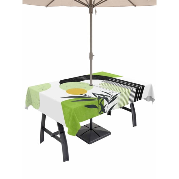 60x102 Inch Outdoor Tablecloth with Umbrella Hole Zipper Rectangle Boho Middle Century Rectangular Tablecloths Outside Waterproof Abstract Green Geometric Botanical Patio Table Cover for Picnic Party