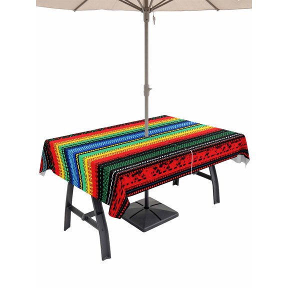 60x102 Inch Outdoor Tablecloth with Umbrella Hole Zipper Rectangle Boho Stripes Rectangular Tablecloths Outside Waterproof Rainbow Red Blue Blue Green Ethnic Pattern Patio Table Cover for Picnic