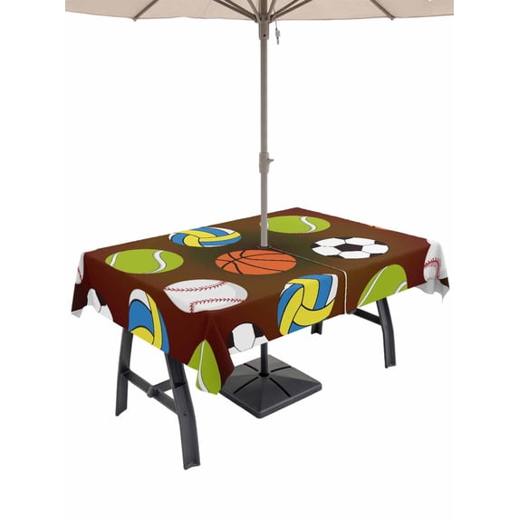 60x102 Inch Outdoor Tablecloth with Umbrella Hole Zipper Rectangle Brown Balls Rectangular Tablecloths Outside Waterproof Baseball Tennis Basketball Football Patio Table Cloth Cover for Picnic Party