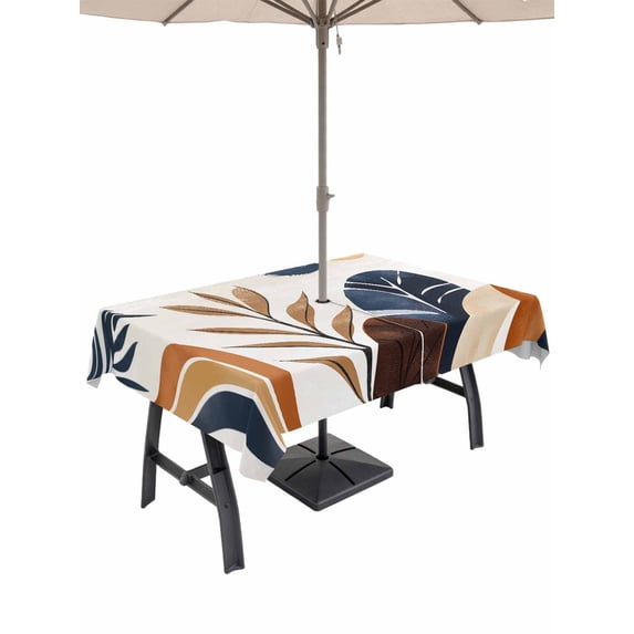 60x102 Inch Outdoor Tablecloth with Umbrella Hole Zipper Rectangle Brown Nave Blue Boho Rectangular Tablecloths Outside Waterproof Modern Geometric Botanical Patio Table Cloth Cover for Picnic Party