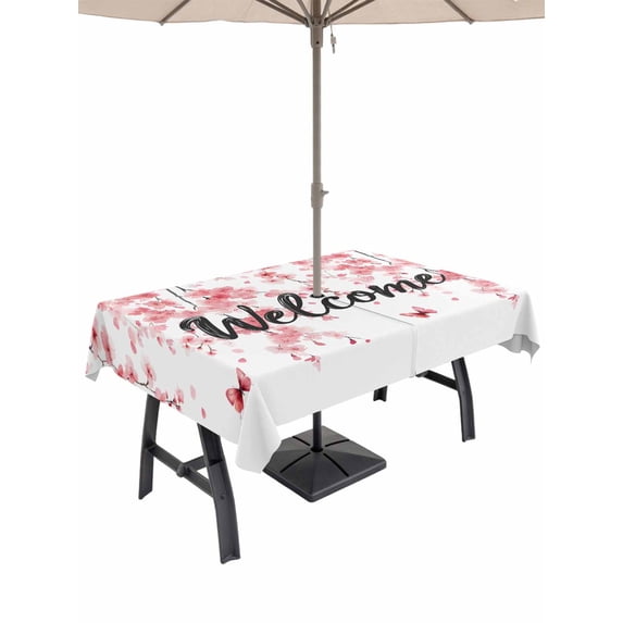 60x102 Inch Outdoor Tablecloth with Umbrella Hole Zipper Rectangle Cherry Blossoms Rectangular Tablecloths Outside Waterproof Butterfly Pink Flower Pastoral Spring Patio Table Cover for Picnic Party