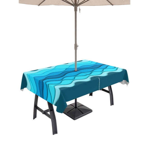 60x102 Inch Outdoor Tablecloth with Umbrella Hole Zipper Rectangle Coastal Blue Wave Rectangular Tablecloths Outside Waterproof Summer Ocean Beach Modern Sea Gradient Patio Table Cover for Picnic