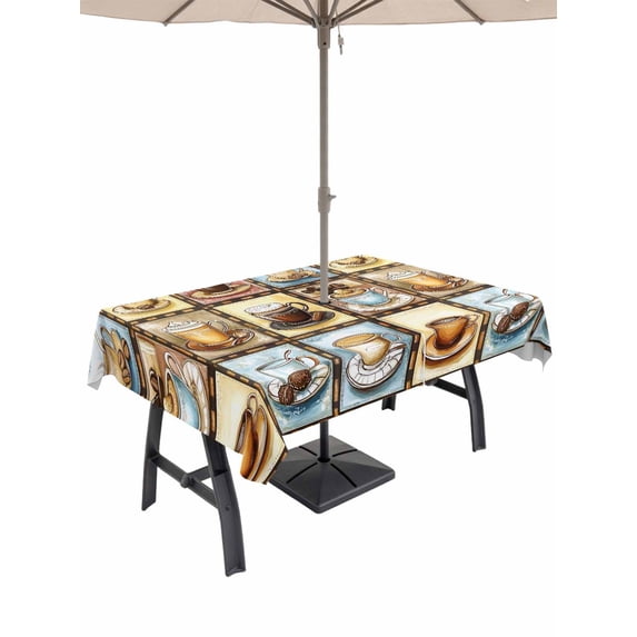 60x102 Inch Outdoor Tablecloth with Umbrella Hole Zipper Rectangle Coffee Rectangular Tablecloths Outside Waterproof Vintage Farmhouse Funny Cartoon Cup Plaid Patio Table Cloth Cover for Picnic Party