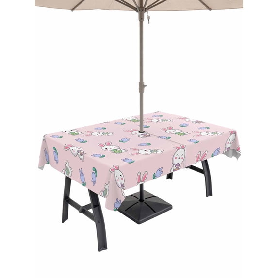 60x102 Inch Outdoor Tablecloth with Umbrella Hole Zipper Rectangle Easter Bunny Rectangular Tablecloths Outside Waterproof Cute Rabbits Eggs Tulips Flowers Rustic Pink Patio Table Cover for Picnic