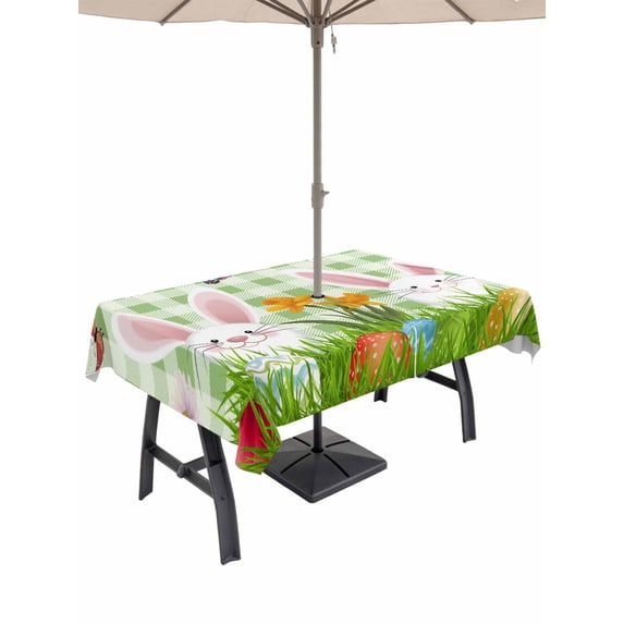 60x102 Inch Outdoor Tablecloth with Umbrella Hole Zipper Rectangle Easter Bunny Rectangular Tablecloths Outside Waterproof Spring Easter Eggs Floral Sage Green Plaid Patio Table Cover for Picnic