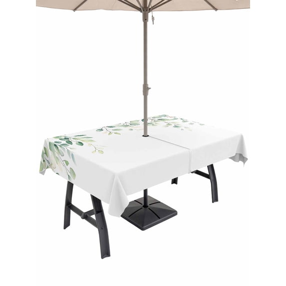 60x102 Inch Outdoor Tablecloth with Umbrella Hole Zipper Rectangle Eucalyptus Leaves Rectangular Tablecloths Outside Waterproof Summer Botanical Spring Green Patio Table Cloth Cover for Picnic Party