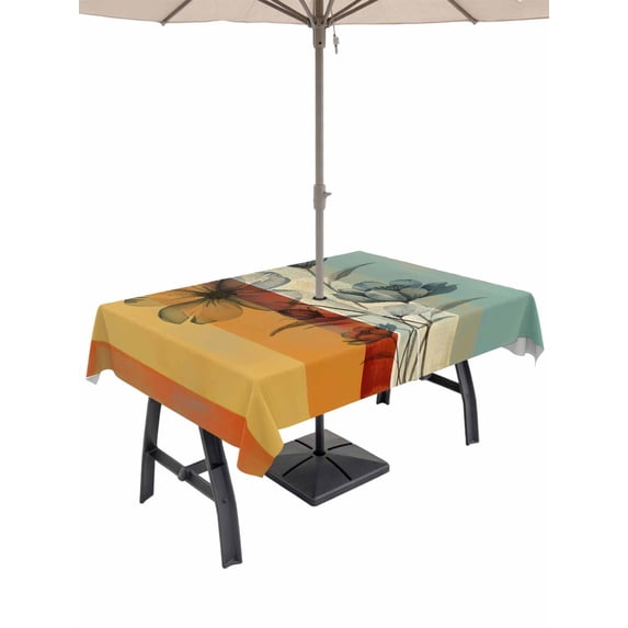 60x102 Inch Outdoor Tablecloth with Umbrella Hole Zipper Rectangle Floral Orange Rectangular Tablecloths Outside Waterproof Multicolor Striped Decadent Botanical Flower Patio Table Cover for Picnic