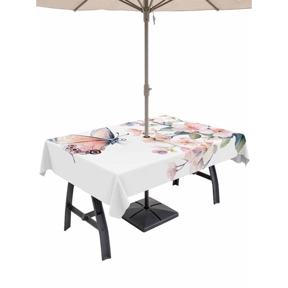 60x102 Inch Outdoor Tablecloth with Umbrella Hole Zipper Rectangle Flowers Butterfly Rectangular Tablecloths Outside Waterproof Simple Watercolor Botanical Flowers Patio Table Cover for Picnic Party