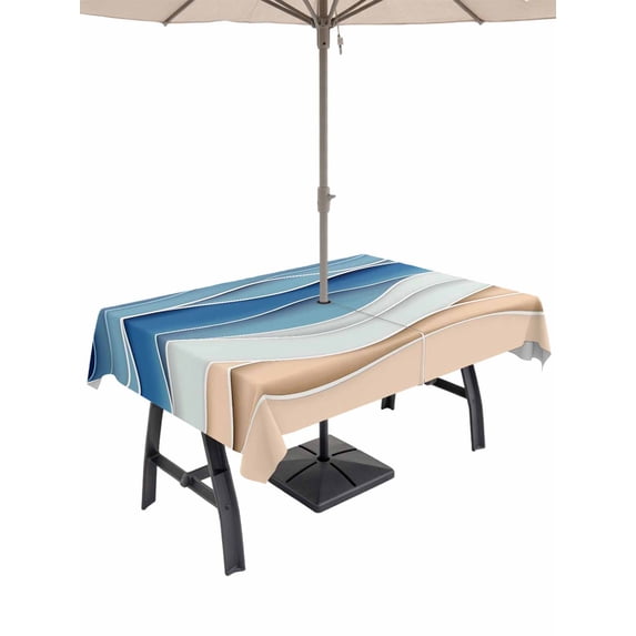 60x102 Inch Outdoor Tablecloth with Umbrella Hole Zipper Rectangle Geometric Blue Rectangular Tablecloths Outside Waterproof Ocean Wave Stripes Modern Abstract Beach Patio Table Cover for Picnic