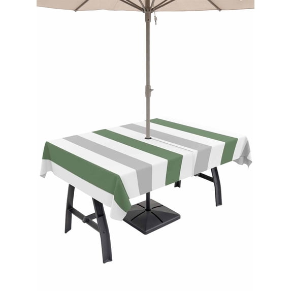 60x102 Inch Outdoor Tablecloth with Umbrella Hole Zipper Rectangle Geometric Grey Rectangular Tablecloths Outside Waterproof Sage Green White Striped Minimalist Patio Table Cover for Picnic Party