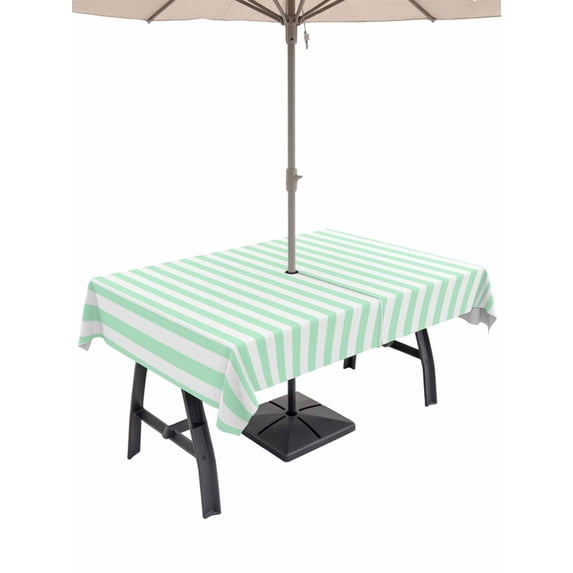 60x102 Inch Outdoor Tablecloth with Umbrella Hole Zipper Rectangle Green White Stripe Rectangular Tablecloths Outside Waterproof Modern Minimalist Geometric Striped Patio Table Cover for Picnic Party