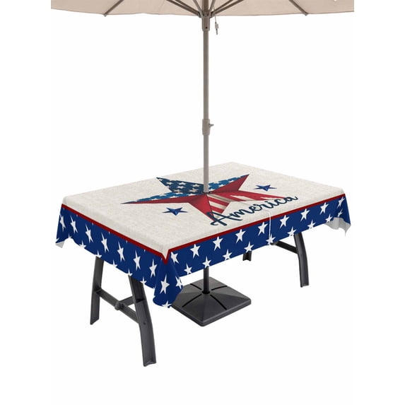 60x102 Inch Outdoor Tablecloth with Umbrella Hole Zipper Rectangle Independence Day Rectangular Tablecloths Outside Waterproof 4th of July Patriotic Star Usa Flag Patio Table Cover for Picnic Party