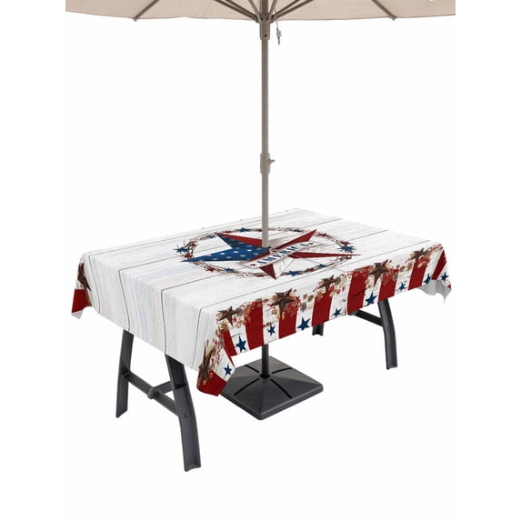 60x102 Inch Outdoor Tablecloth with Umbrella Hole Zipper Rectangle Independence Day Rectangular Tablecloths Outside Waterproof Farmhouse Texas Star Wooden Grain Patio Table Cover for Picnic Party