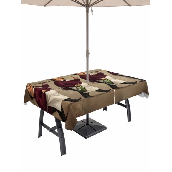 60x102 Inch Outdoor Tablecloth with Umbrella Hole Zipper Rectangle Italian Chefs Rectangular Tablecloths Waterproof Wine Bottles Gourmet Kitchen Vintage Patio Table Cloth Cover for Picnic Party