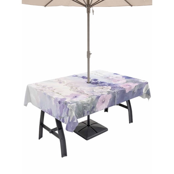 60x102 Inch Outdoor Tablecloth with Umbrella Hole Zipper Rectangle Lavender Rectangular Tablecloths Outside Waterproof Pastoral Pastel Purple Pink Wildflower Patio Table Cloth Cover for Picnic Party
