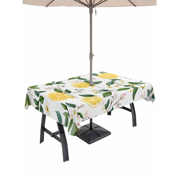 60x102 Inch Outdoor Tablecloth with Umbrella Hole Zipper Rectangle Lemon Fruit Rectangular Tablecloths Outside Waterproof Spring Pastoral Flowers Petal Country Patio Table Cover for Picnic Party