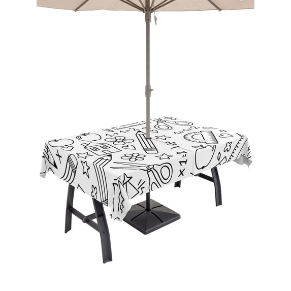 60x102 Inch Outdoor Tablecloth with Umbrella Hole Zipper Rectangle Mathematics Tools Sketch Rectangular Tablecloths Outside Waterproof White Modern Abstract Icons Patio Table Cloth Cover for Picnic