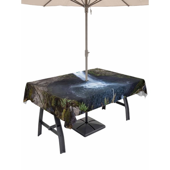 60x102 Inch Outdoor Tablecloth with Umbrella Hole Zipper Rectangle Mountains Rectangular Tablecloths Outside Waterproof Nature Waterfall Landscape Blue Brown Patio Table Cloth Cover for Picnic Party
