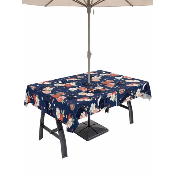 60x102 Inch Outdoor Tablecloth with Umbrella Hole Zipper Rectangle Navy Blue Blossoms Black Cat Rectangular Tablecloths Waterproof Farmhouse Romantic Flowers Patio Table Cloth Cover for Picnic