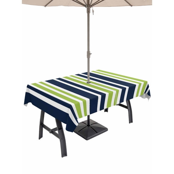 60x102 Inch Outdoor Tablecloth with Umbrella Hole Zipper Rectangle Navy Blue Green Striped Rectangular Tablecloths Outside Waterproof Modern Minimalist Ombre Lines Patio Table Cover for Picnic Party