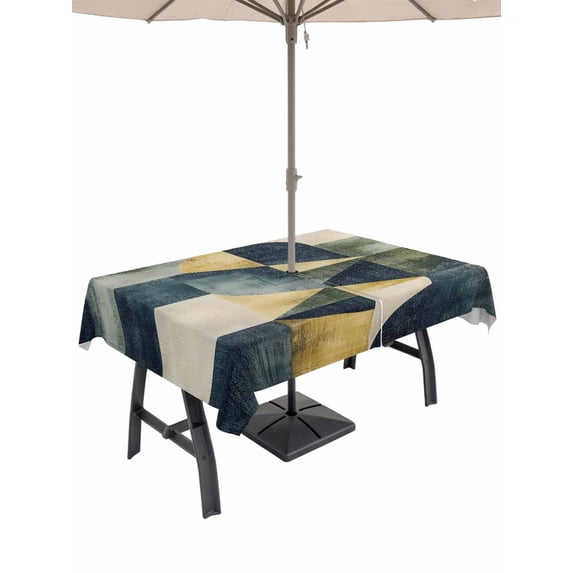 60x102 Inch Outdoor Tablecloth with Umbrella Hole Zipper Rectangle Navy Blue Yellow Geometric Rectangular Tablecloths Outside Waterproof Modern Abstract Art Patio Table Cloth Cover for Picnic Party