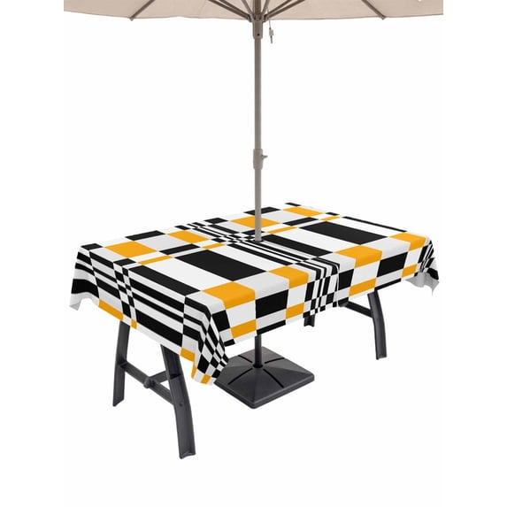 60x102 Inch Outdoor Tablecloth with Umbrella Hole Zipper Rectangle Orange Black Geometric Rectangular Tablecloths Outside Waterproof Abstract Art Modern Check Plaid Patio Table Cover for Picnic Party