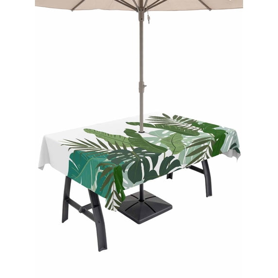 60x102 Inch Outdoor Tablecloth with Umbrella Hole Zipper Rectangle Palm Leaves Tropical Rectangular Tablecloths Outside Waterproof Watercolor Botanical Summer Patio Table Cloth Cover for Picnic Party