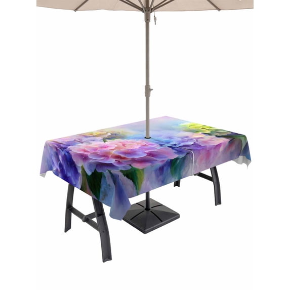 60x102 Inch Outdoor Tablecloth with Umbrella Hole Zipper Rectangle Pink Purple Floral Rectangular Tablecloths Outside Waterproof Spring Hydrangea Flower Fantasy Botanical Patio Table Cover for Picnic