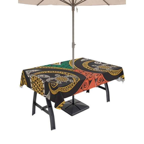 60x102 Inch Outdoor Tablecloth with Umbrella Hole Zipper Rectangle Polynesia Texture Rectangular Tablecloths Outside Waterproof Traditional Tribe Sea Turtle Abstract Art Patio Table Cover for Picnic