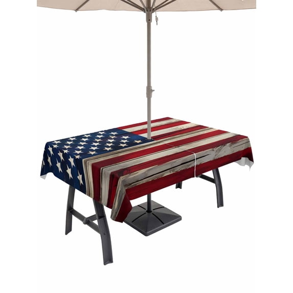 60x102 Inch Outdoor Tablecloth with Umbrella Hole Zipper Rectangle Red American Flag Rectangular Tablecloths Outside Waterproof Navy Blue Stars Wooden Patio Table Cloth Cover for Picnic Party