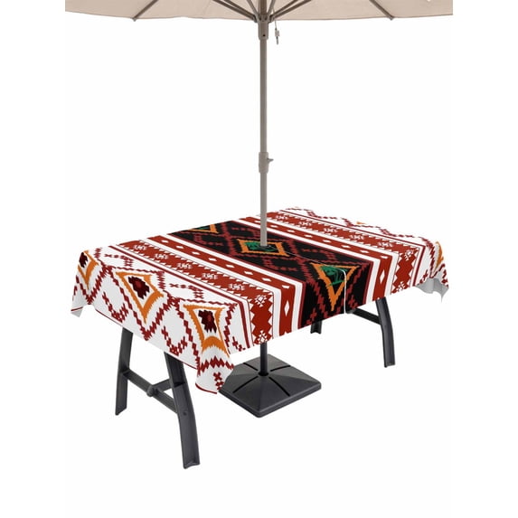 60x102 Inch Outdoor Tablecloth with Umbrella Hole Zipper Rectangle Red Black Boho Rectangular Tablecloths Outside Waterproof Vintage Abstract Art Ethnic Tribe Patio Table Cloth Cover for Picnic Party