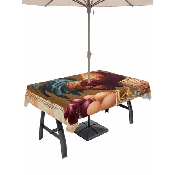 60x102 Inch Outdoor Tablecloth with Umbrella Hole Zipper Rectangle Retro Rooster Rectangular Tablecloths Outside Waterproof Pastoral Animals Watercolor Botanical Patio Table Cover for Picnic Party