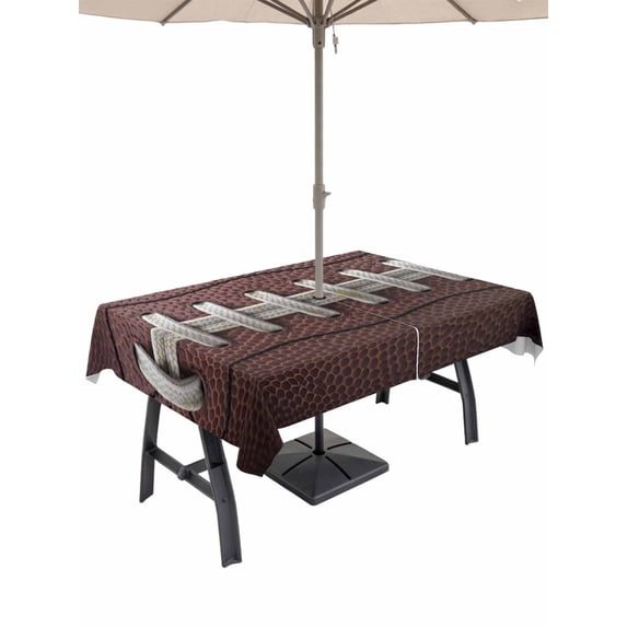 60x102 Inch Outdoor Tablecloth with Umbrella Hole Zipper Rectangle Rugby Sport Rectangular Tablecloths Outside Waterproof Usa Sport White Red Brown Ball Patio Table Cloth Cover for Picnic Party