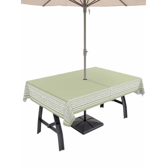 60x102 Inch Outdoor Tablecloth with Umbrella Hole Zipper Rectangle Sage Green Greek Key Rectangular Tablecloths Outside Waterproof Geometric Greece Ancient Farmhouse Geo Patio Table Cover for Picnic